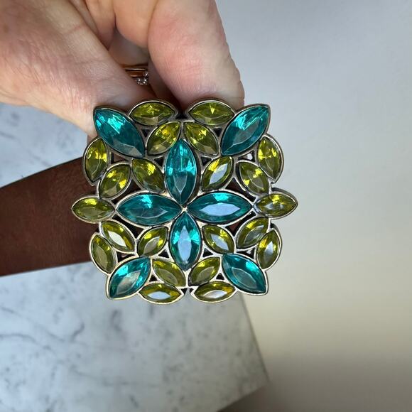 Y2K Brown Leather Belt Floral Rhinestone Buckle Blue Green Western Boho USA Made main image 12